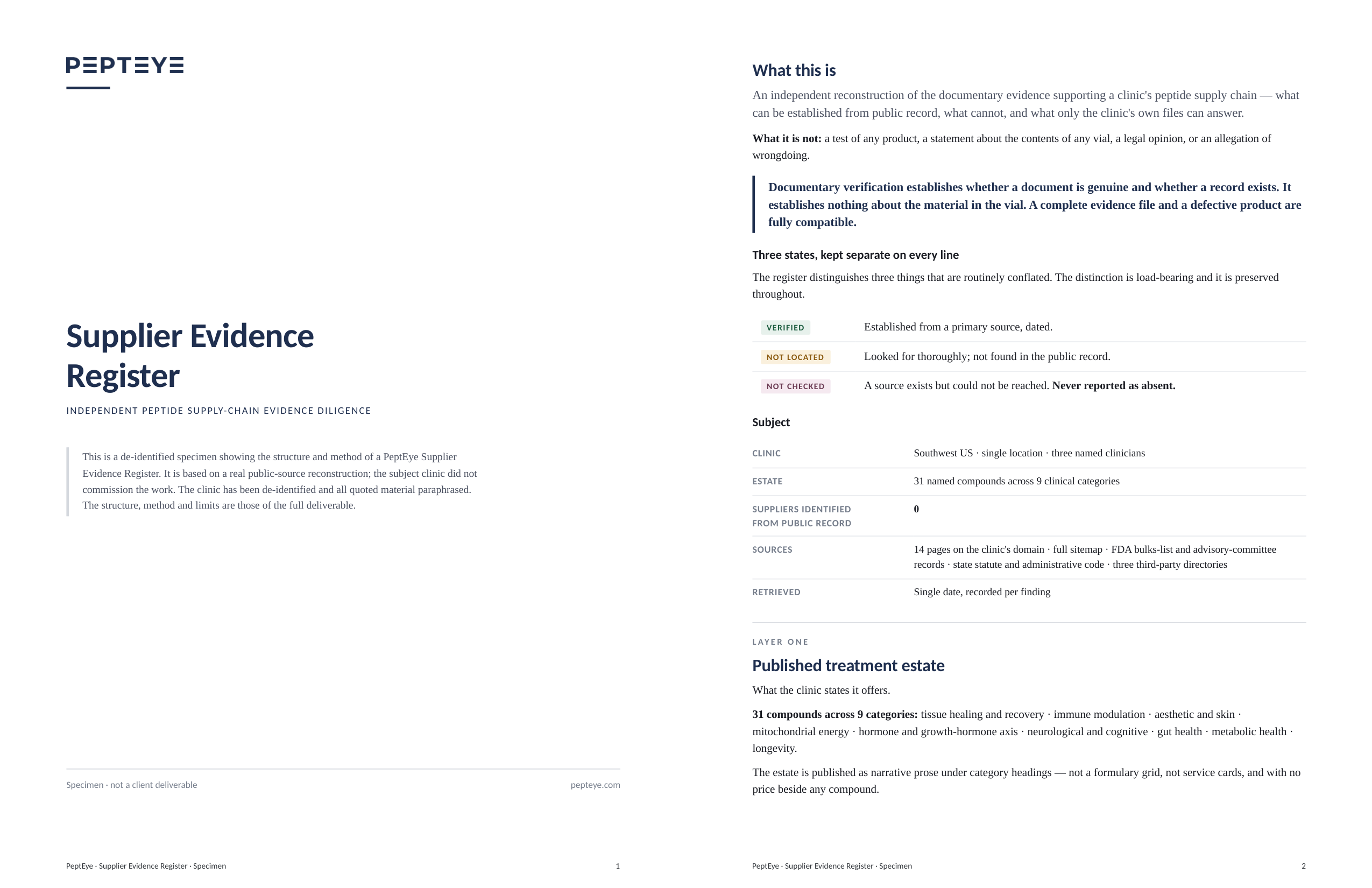 First pages of a PeptEye Supplier Evidence Register